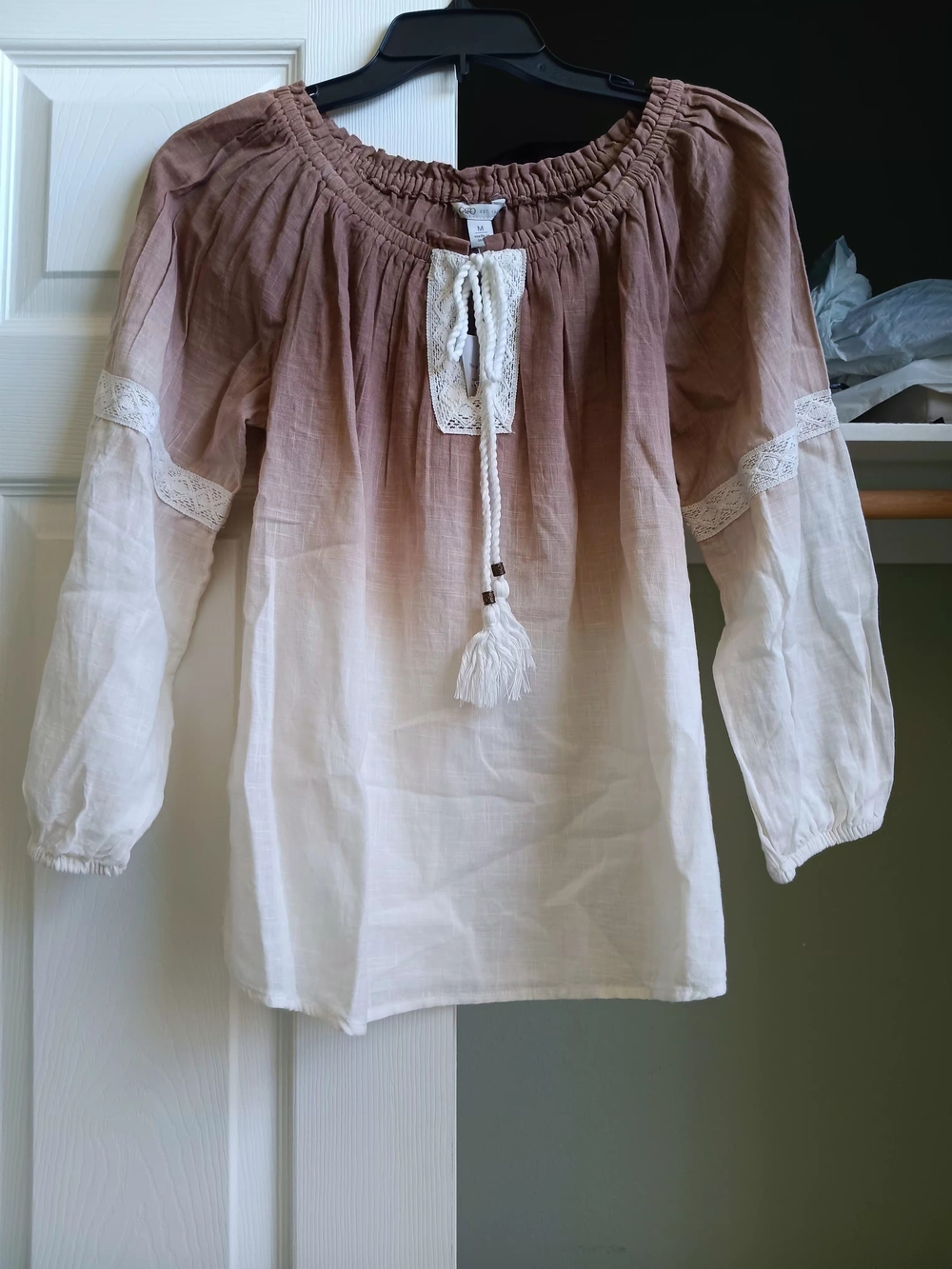 Cato Brown-to-Cream Dip-Dye Peasant Blouse with Tassel